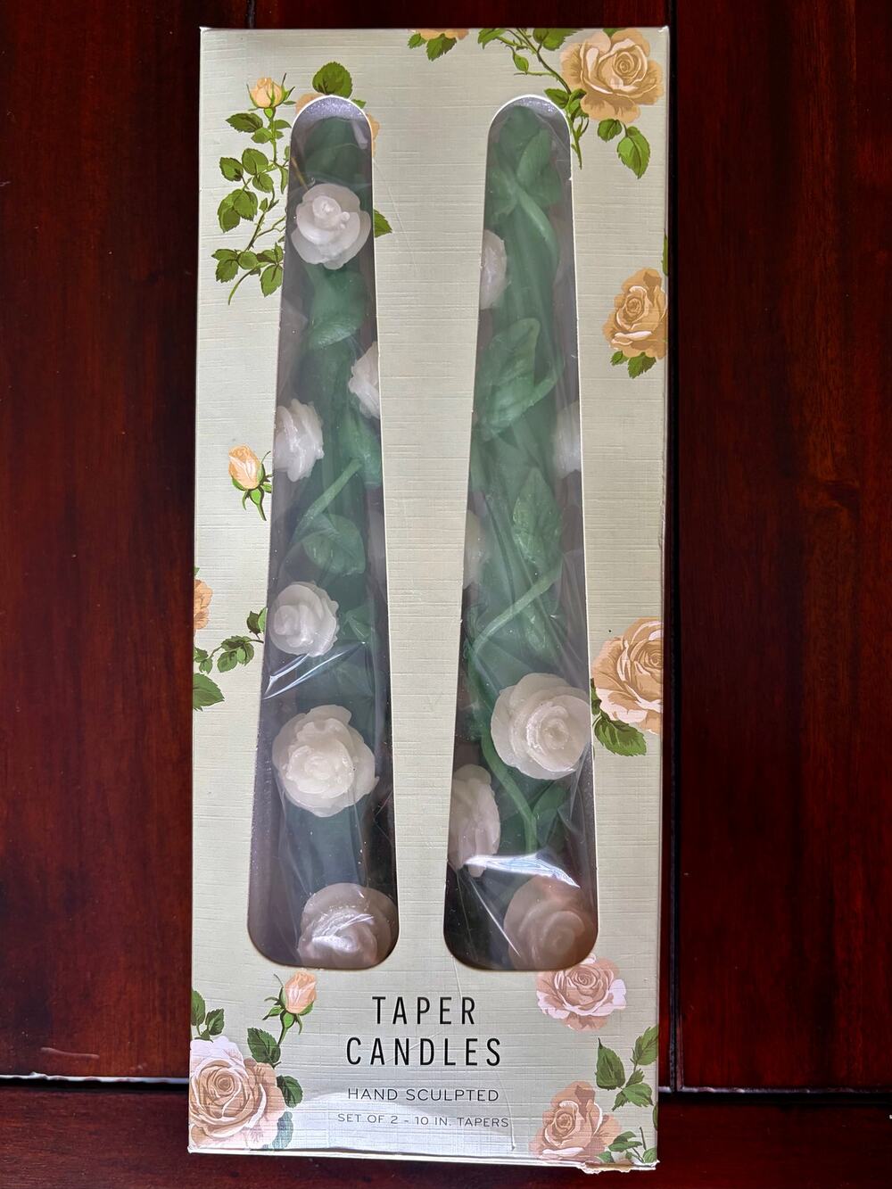 Anthropologie Rose Vine Taper Candles Set of 2 Hand Sculpted Floral Green 10"